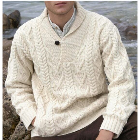 ARAN CRAFTS SHAWL COLLAR MENS SWEATER SIZE L